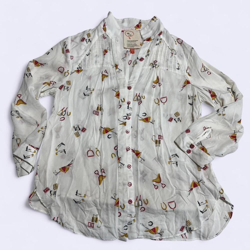 White Anthropologie Conversations button up soft lounge shirt